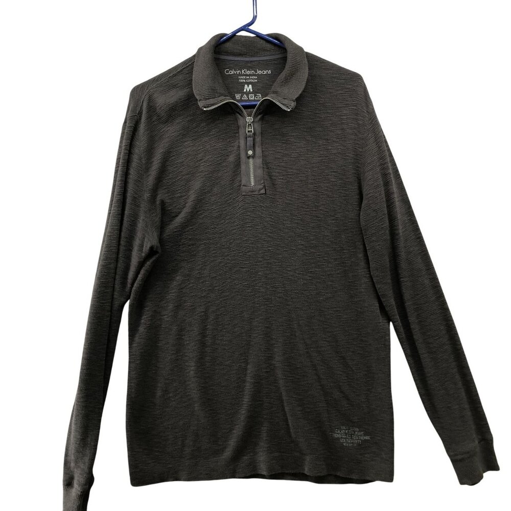 Calvin Klein 1/4 Zip Long Sleeve T Shirt Mens M Brown Textured Sweater